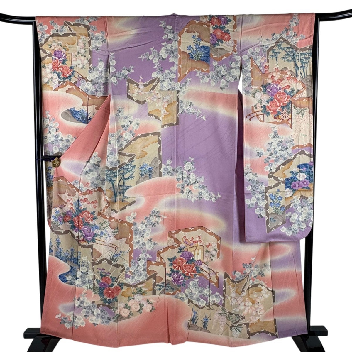 振袖 身丈161cm 裄丈66cm M 袷 屏風 花車 ぼかし 金彩 ピンク 正絹 秀