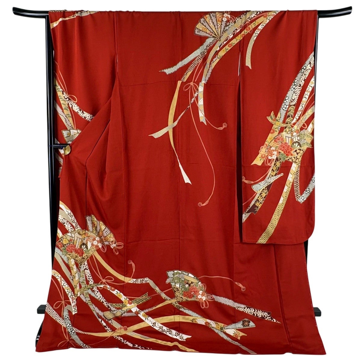 振袖単品　袷 梅 蝶 金糸 絞り 赤 正絹 秀品 振袖 身丈177cm 裄丈68.5cm L 袷 桧扇 御所車 金糸 金彩 赤 正絹 秀品
