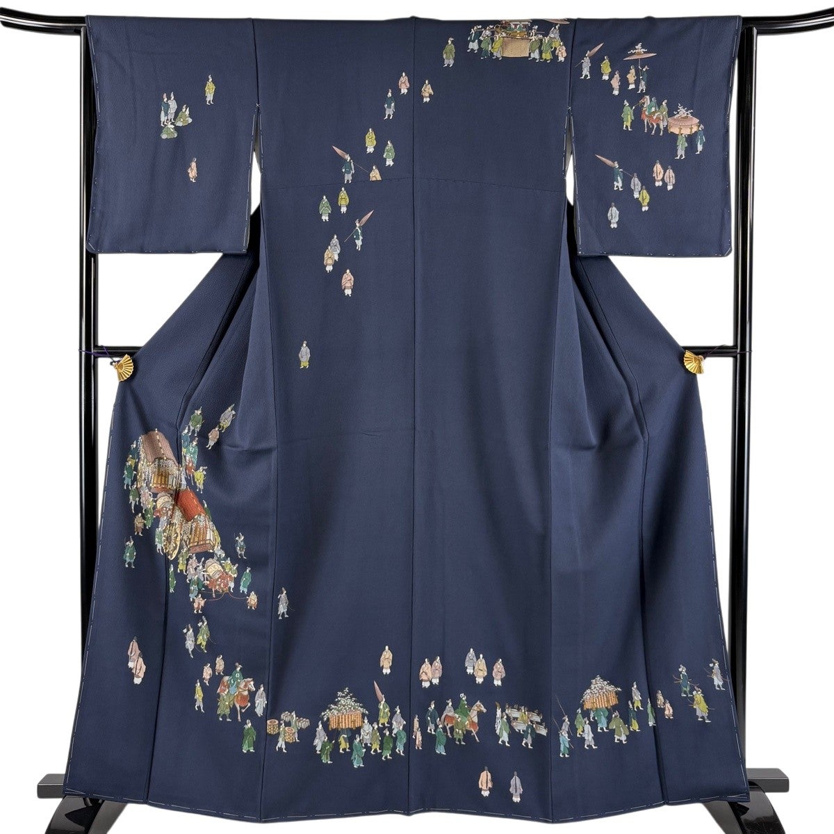 美品】 訪問着 身丈162cm 裄丈64.5cm M 袷 大名行列 人物 金彩 紺色
