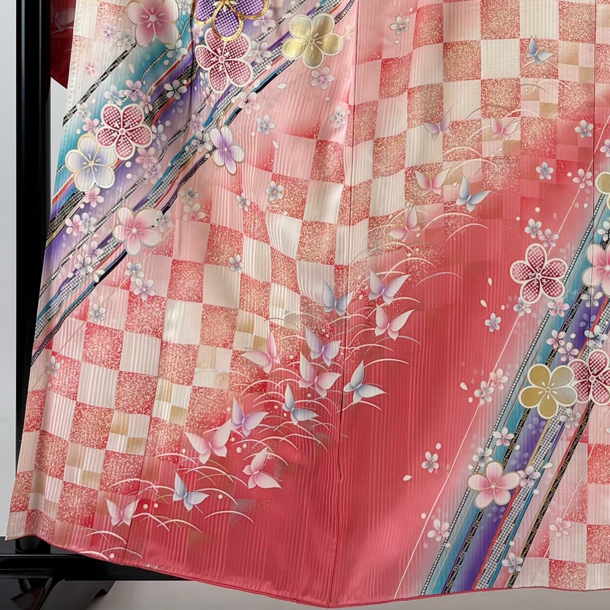 振袖 身丈159cm 裄丈66cm M 袷 松本幸四郎 落款あり 梅 蝶 金糸 金銀彩