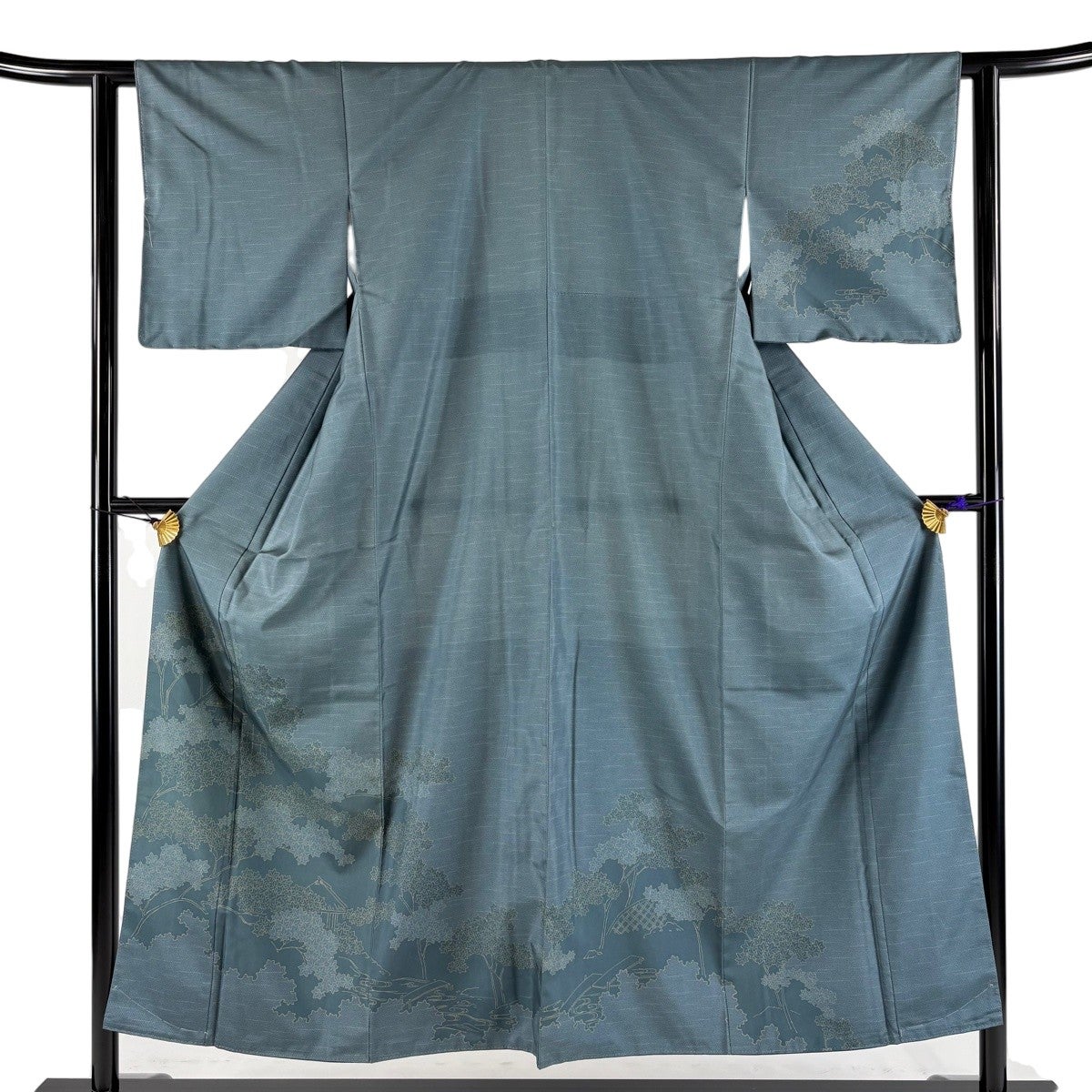 付下げ 身丈152cm 裄丈61cm S 袷 紬地 楓 家屋 青緑 正絹 秀品｜中古