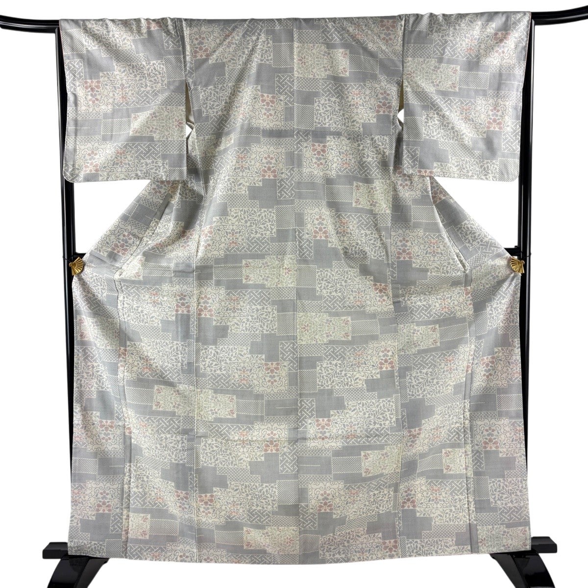 美品】 紬 身丈167cm 裄丈66cm M 袷 バチ衿 草花 幾何学 青灰色 正絹