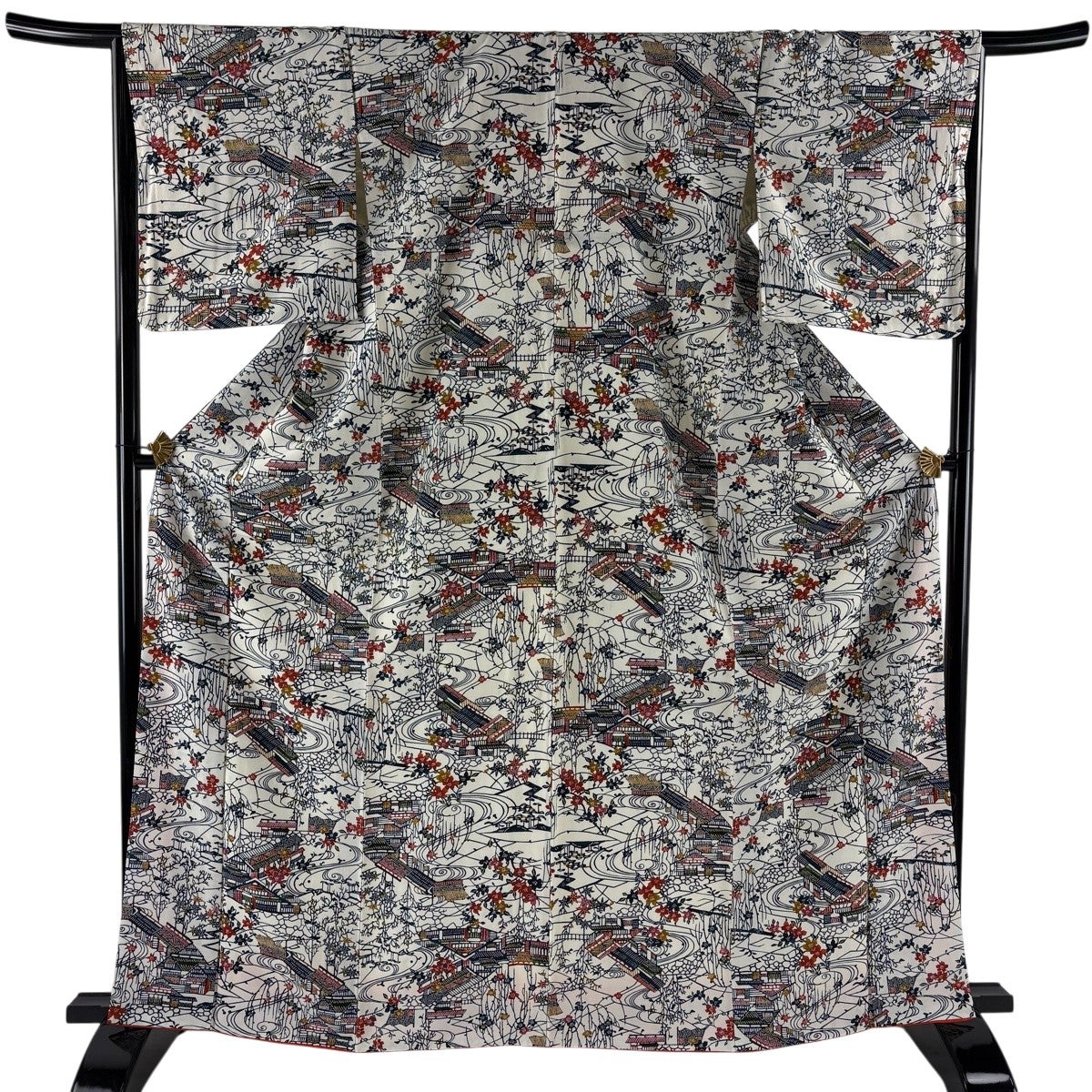小紋 身丈166.5cm 裄丈65.5cm M 袷 家屋 草花 クリーム 正絹 優品