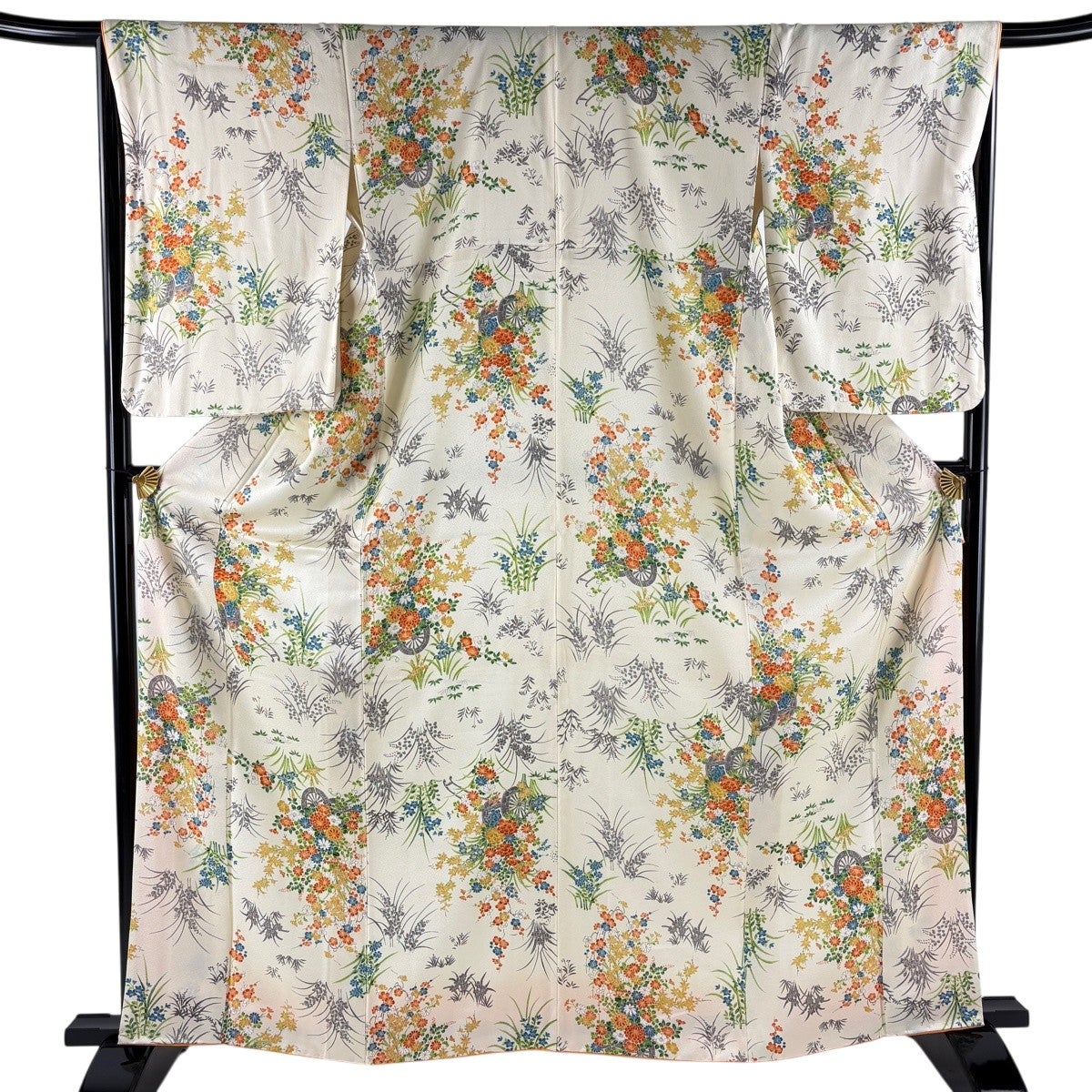 美品】 小紋 身丈161cm 裄丈67cm M 袷 バチ衿 花車 薄黄 正絹 優品