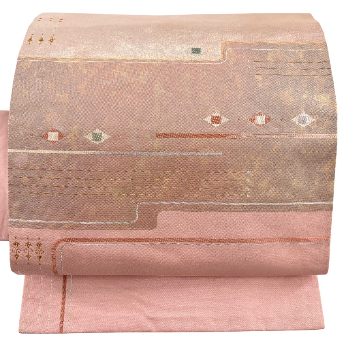 美品】 名古屋帯 優品 菱 縞 金銀糸 箔 ピンク 正絹｜中古・古着