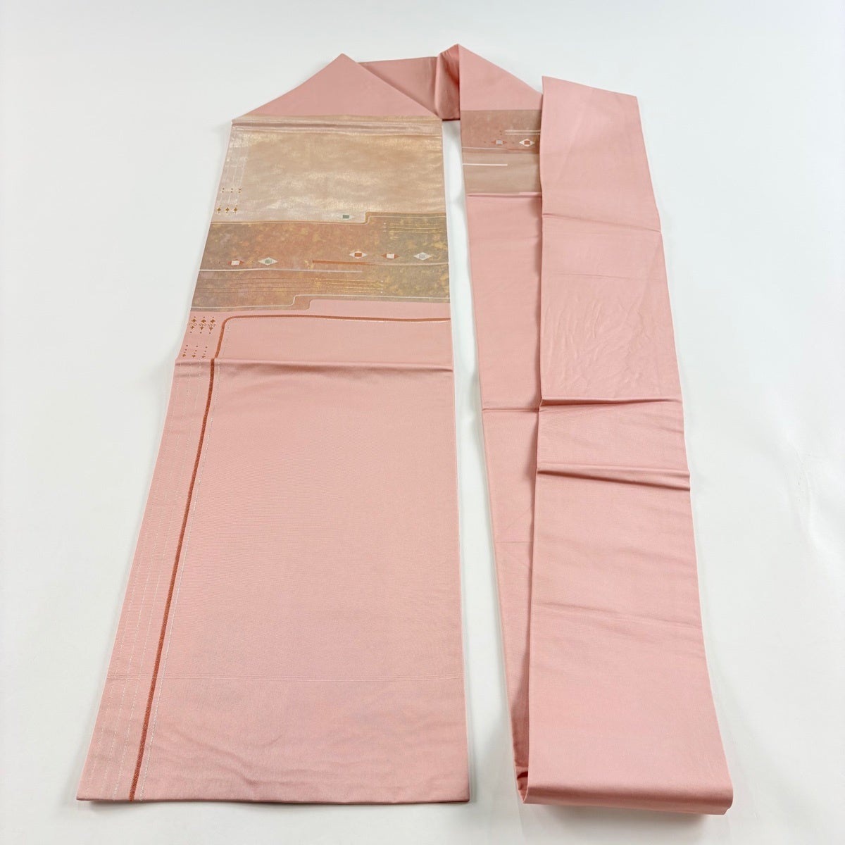 美品】 名古屋帯 優品 菱 縞 金銀糸 箔 ピンク 正絹｜中古・古着