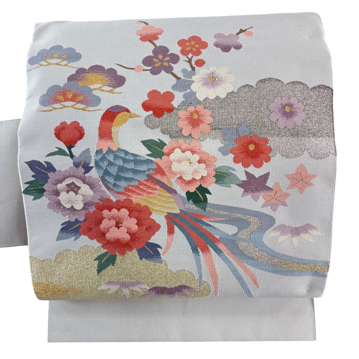 名古屋帯 秀品 綴れ 鳥 松竹梅 金銀糸 灰色 正絹｜中古・古着