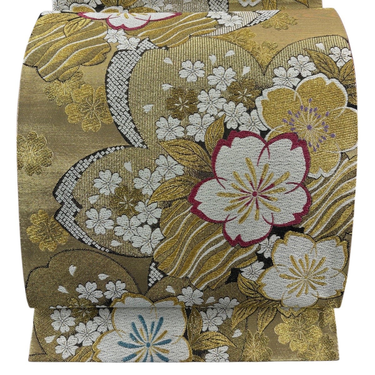 美品】 袋帯 秀品 桜 桜の花びら 金糸 箔 金色 六通 正絹｜中古・古着