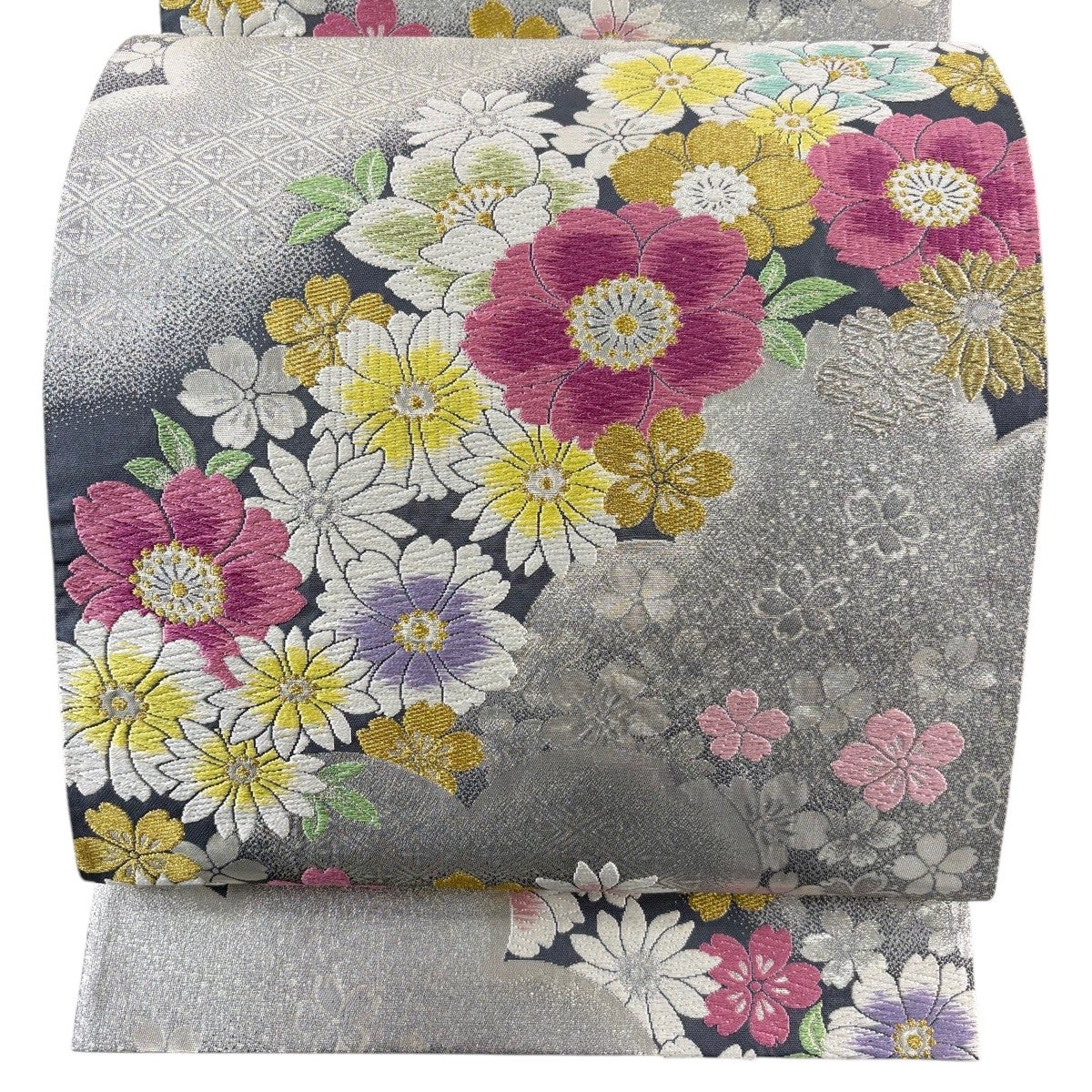 美品】 袋帯 秀品 桜 草花 箔 金糸 銀色 六通 正絹｜中古・古着