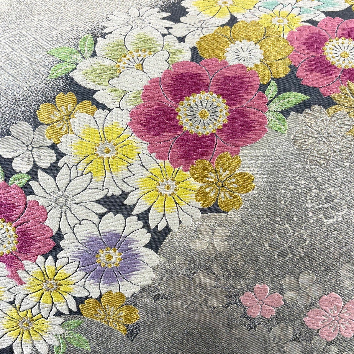 美品】 袋帯 秀品 桜 草花 箔 金糸 銀色 六通 正絹｜中古・古着