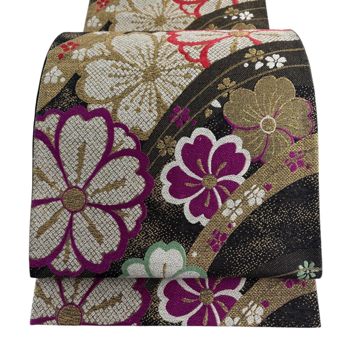 袋帯 秀品 桜 路流御所高貴庭桜 金糸 箔 黒 六通 正絹｜中古・古着