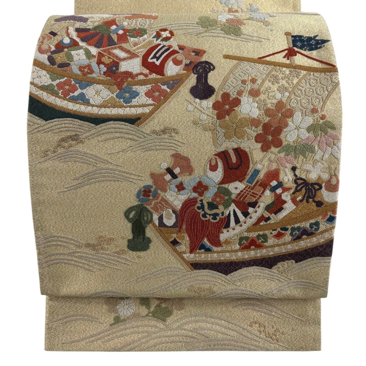 【未使用品】袋帯 超美細かな相良刺繍　お太鼓柄　柔らかめ 袋帯 逸品 宝船 波 相良刺繍 金糸 金色 お太鼓柄 正絹｜中古・古着