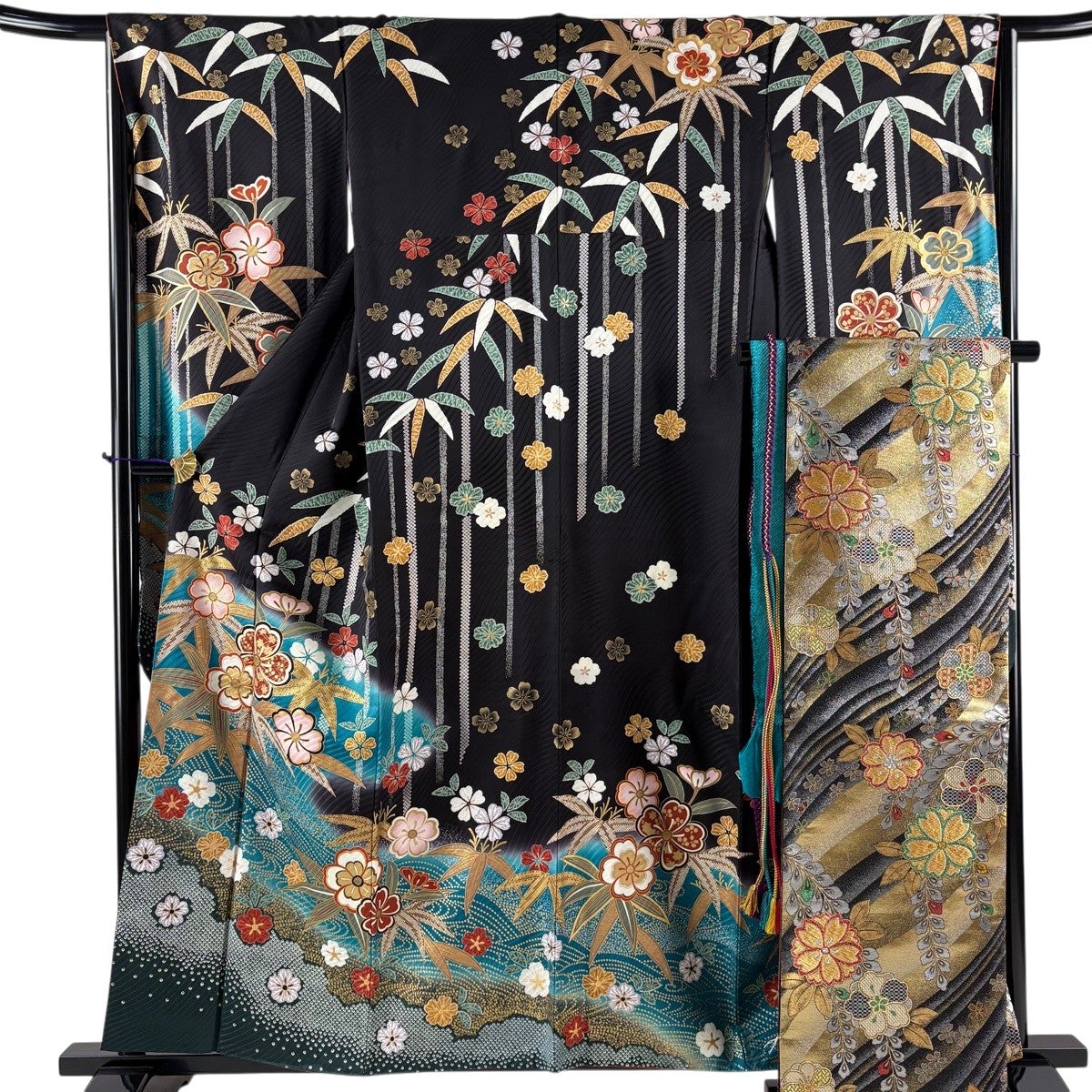 振袖 身丈158cm 裄丈65cm M 袷 袋帯フルセット 桜 笹 金糸 金彩 黒 振袖 身丈158cm 裄丈65cm M 袷 袋帯フルセット 桜 笹 金糸 金彩 黒