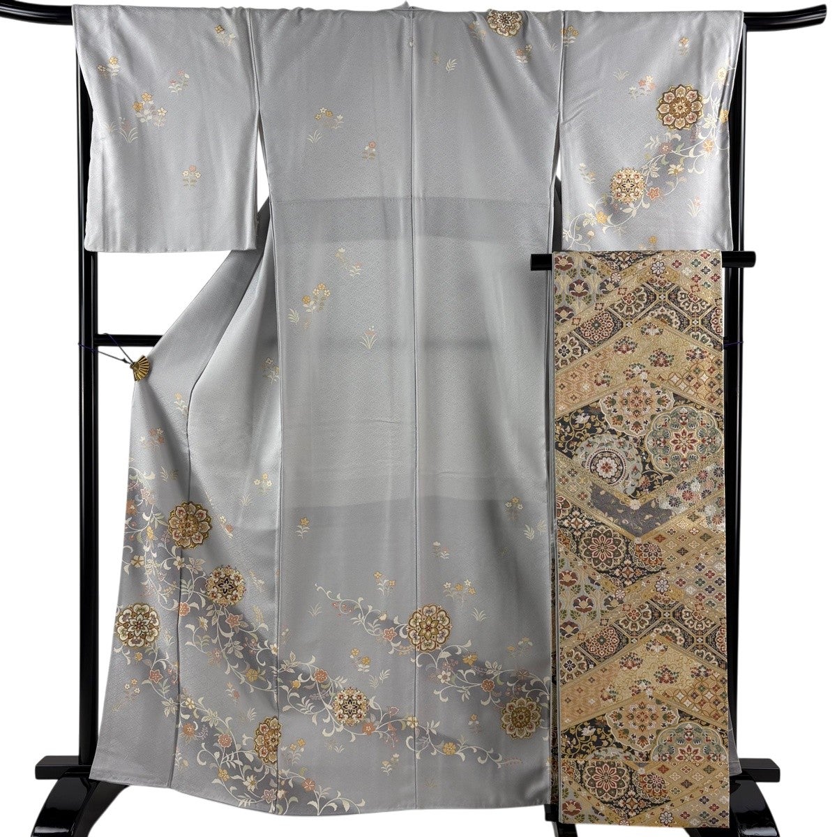 訪問着 身丈165.5cm 裄丈68cm L 袷 袋帯セット 華文 花唐草 金糸 金彩