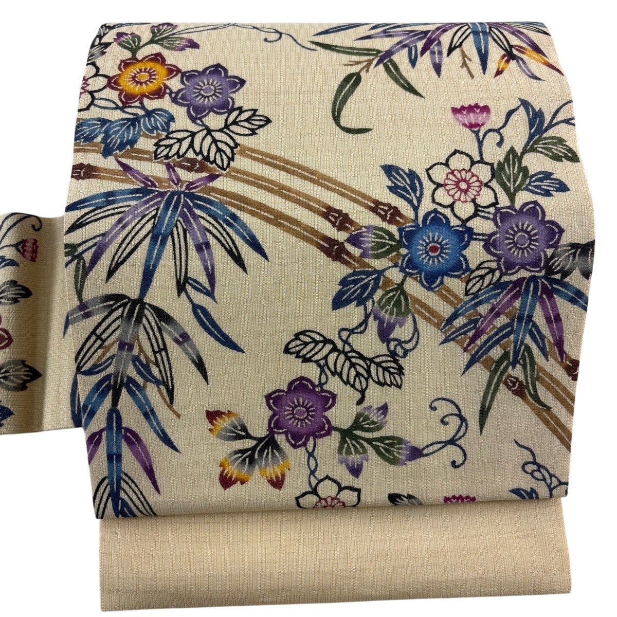美品】 名古屋帯 逸品 知念貞男 落款あり 琉球紅型 夏帯 草花 笹