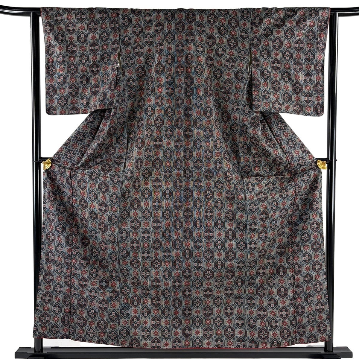 紬 身丈157cm 裄丈63cm S 袷 亀甲 幾何学模様 灰色 正絹 優品｜中古