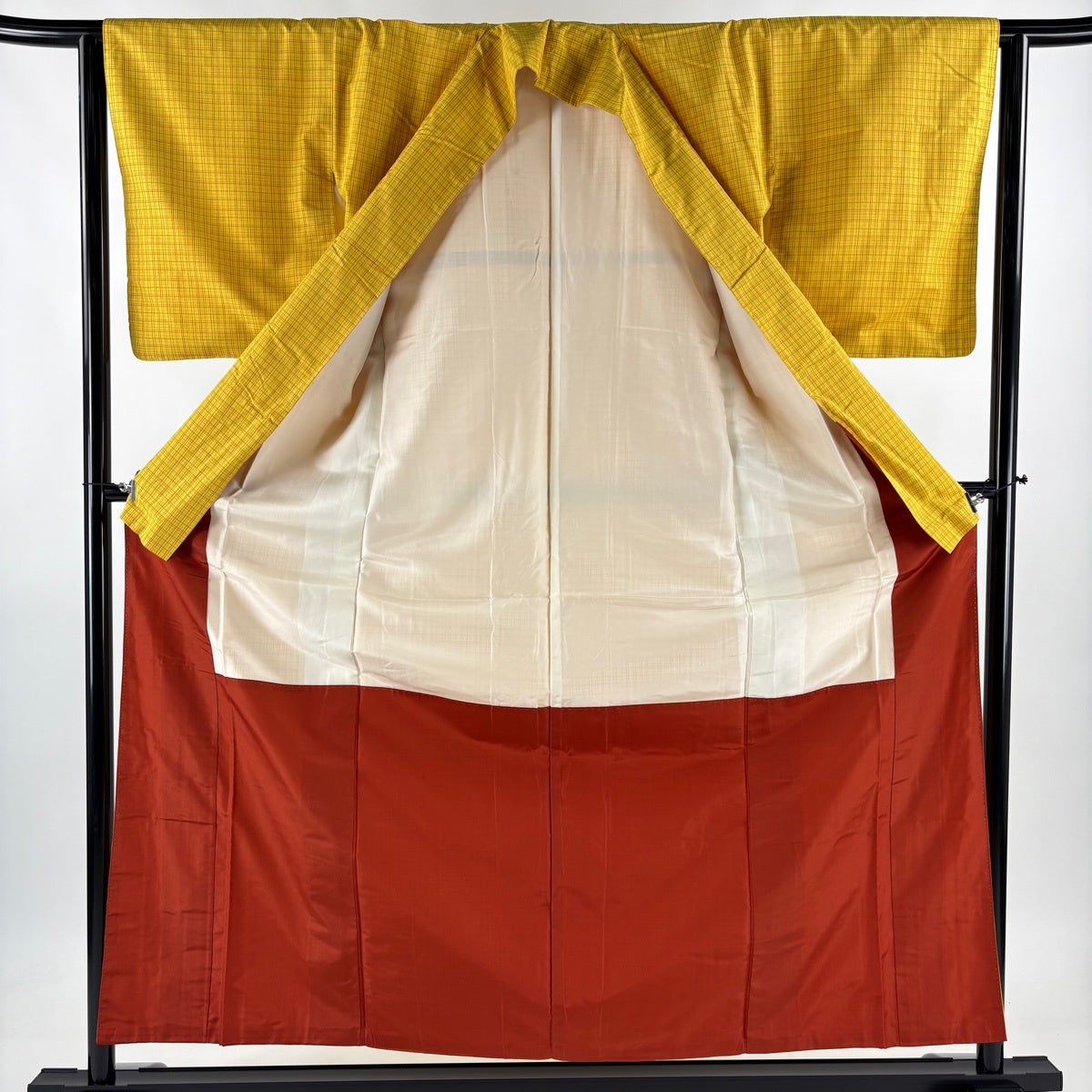 美品】 紬 身丈156cm 裄丈63cm S 袷 アンサンブル 格子 黄色 正絹 優品 美品】 紬 身丈156cm 裄丈63cm S 袷 アンサンブル 格子 黄色 正絹 優品