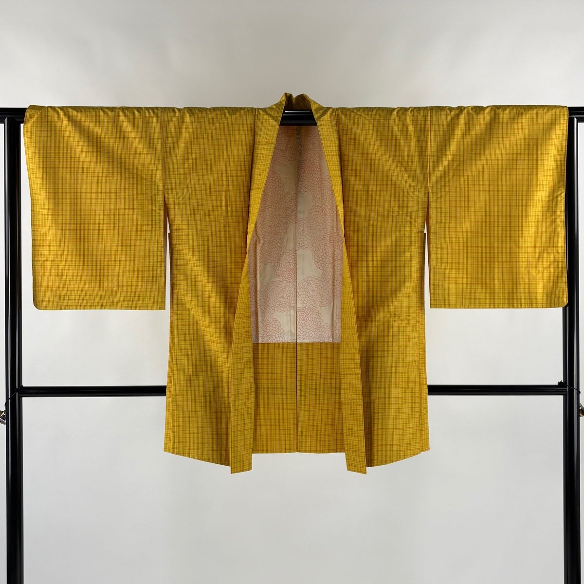 美品】 紬 身丈156cm 裄丈63cm S 袷 アンサンブル 格子 黄色 正絹 優品
