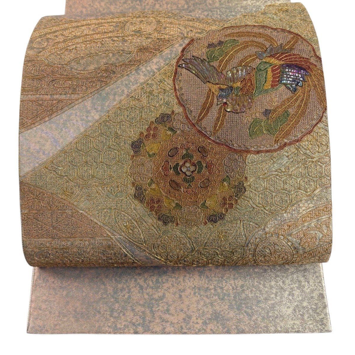 袋帯 名品 鳳凰 華文 螺鈿 刺繍 薄オレンジ お太鼓柄 正絹｜中古・古着