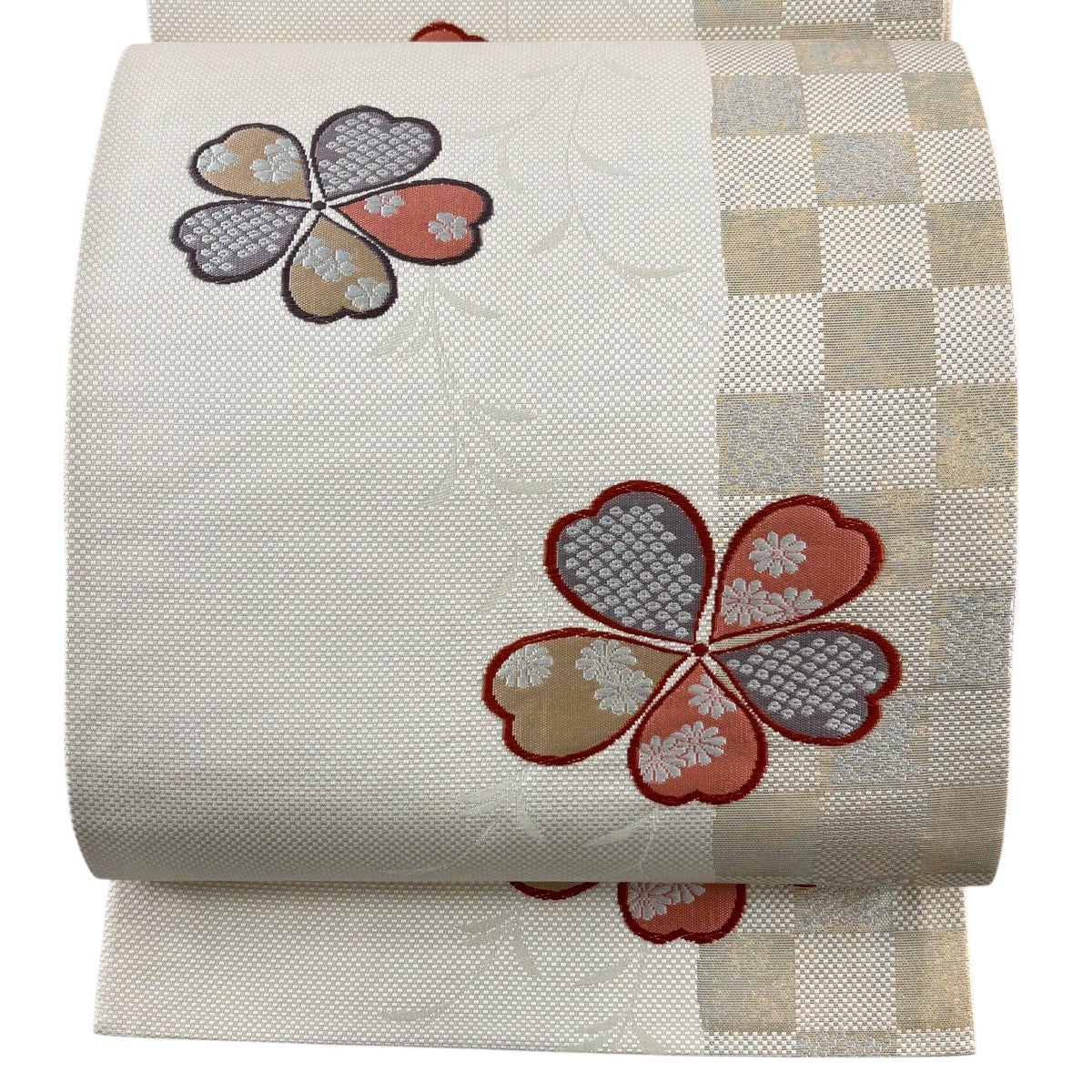 美品】 袋帯 名品 桜 市松 箔 クリーム 六通 正絹｜中古・古着
