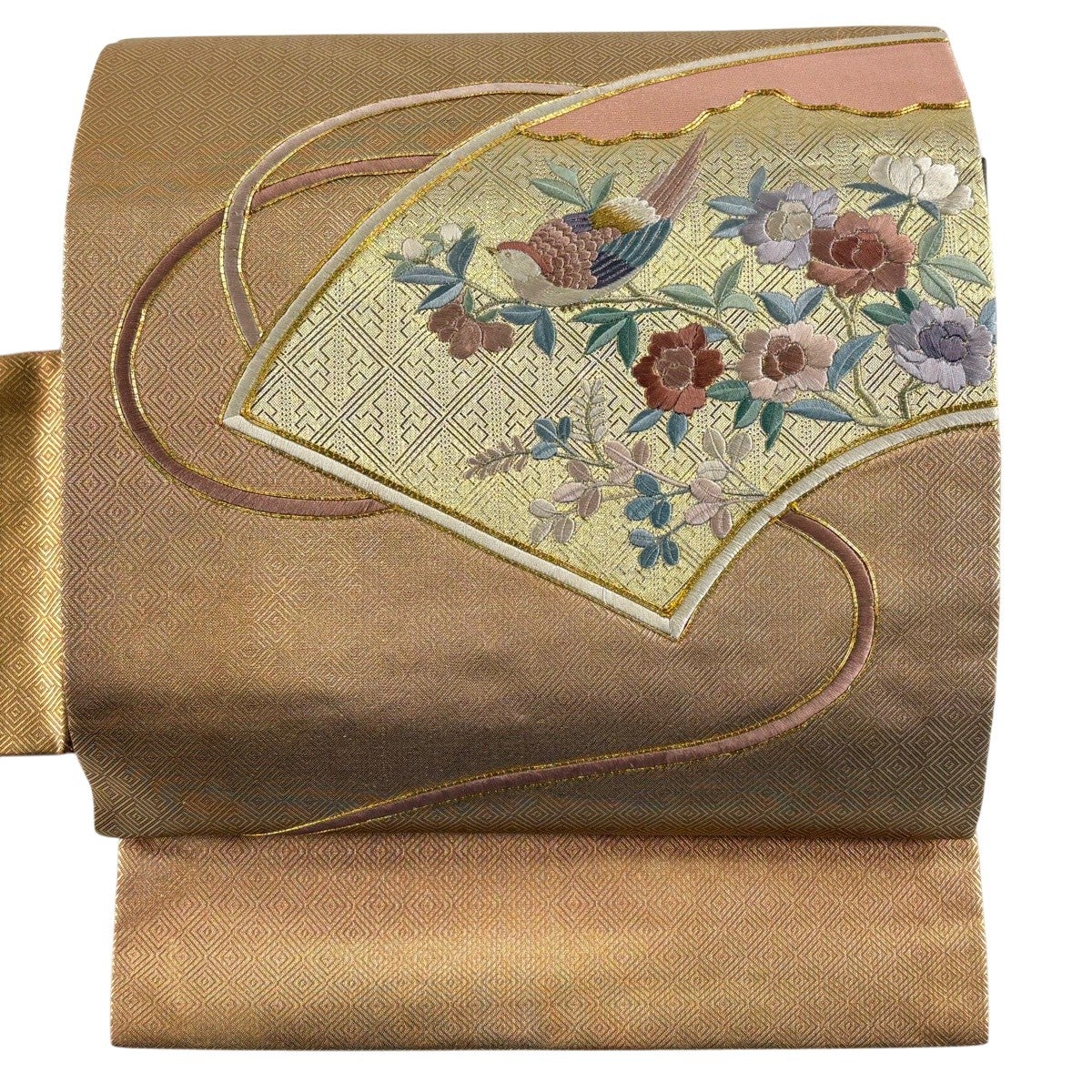 名古屋帯 優品 扇面 花鳥 金糸 箔 金色 正絹｜中古・古着・リサイクル