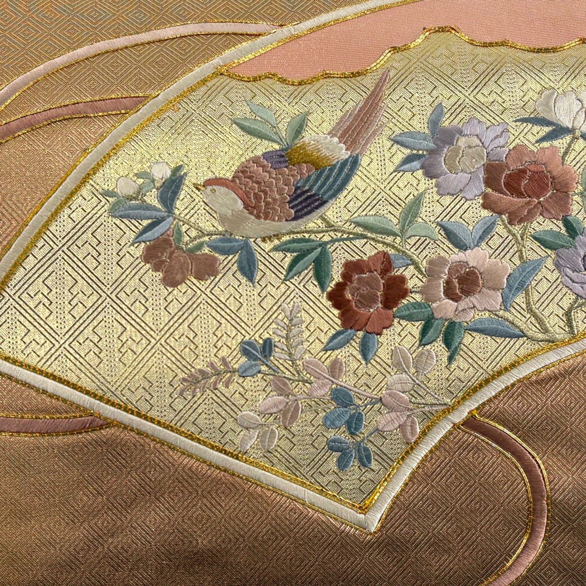 名古屋帯 優品 扇面 花鳥 金糸 箔 金色 正絹｜中古・古着・リサイクル