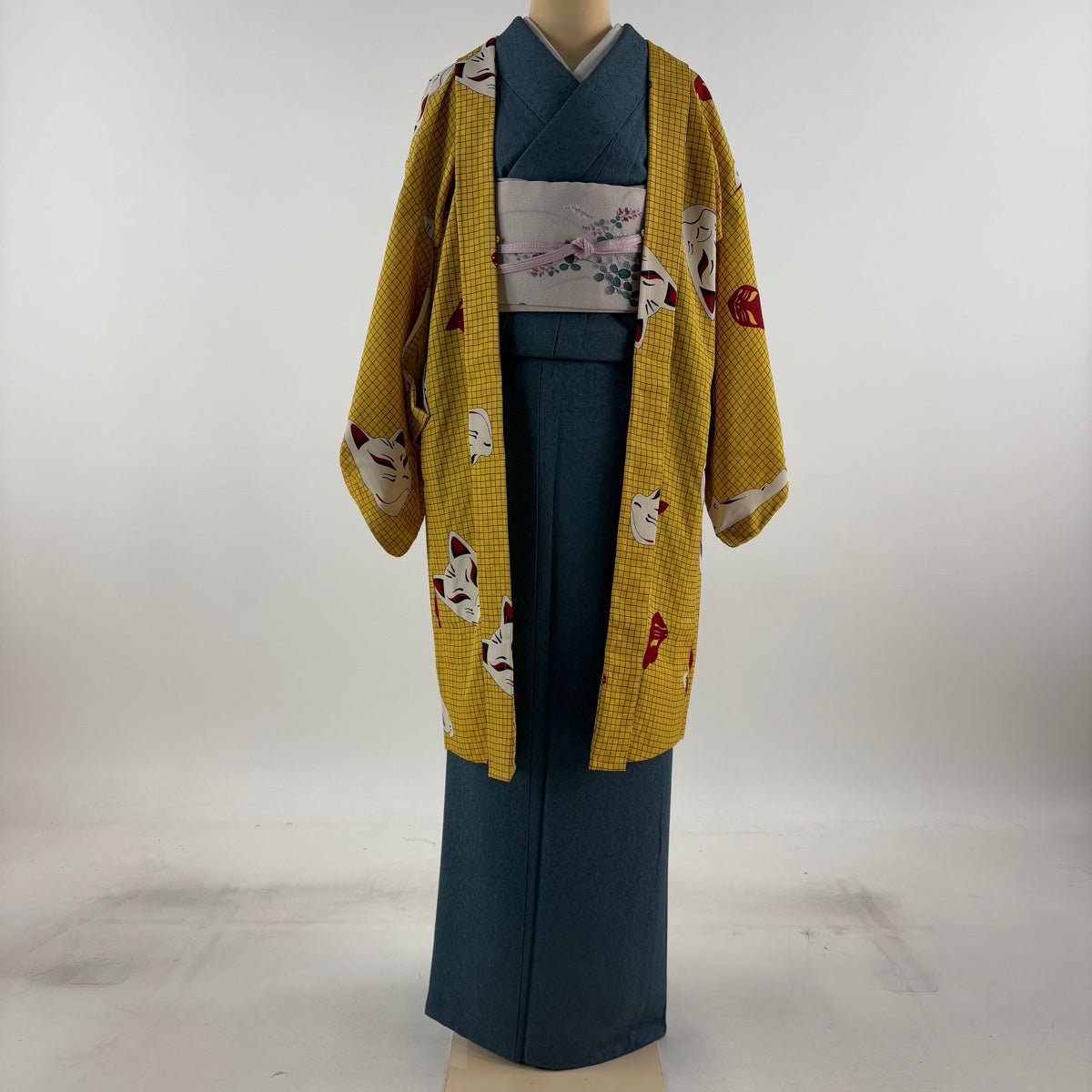 羽織 身丈98cm 裄丈65.5cm M お面 格子 山吹色 正絹 逸品｜中古・古着