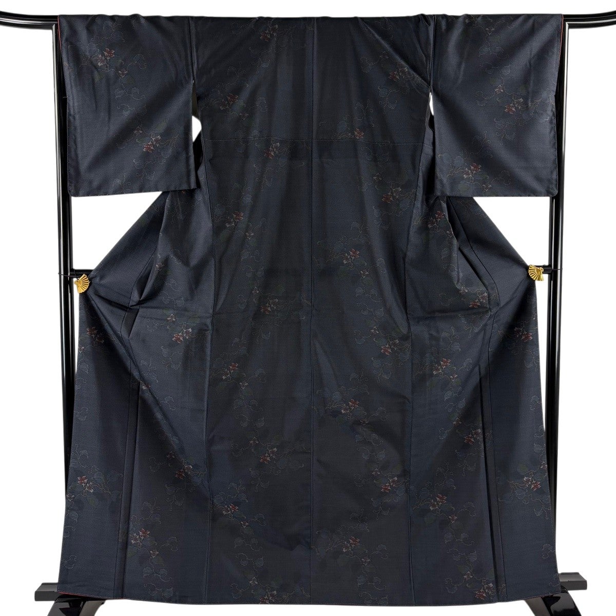 紬 身丈164cm 裄丈65cm M 袷 花唐草 濃紺 正絹 優品｜中古・古着