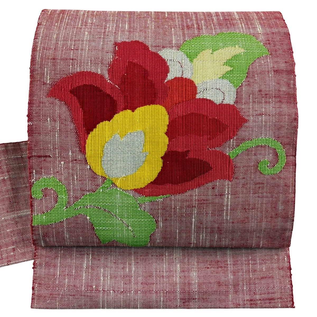 美品】 名古屋帯 優品 紬地 八寸名古屋帯 草花 赤 正絹｜中古・古着