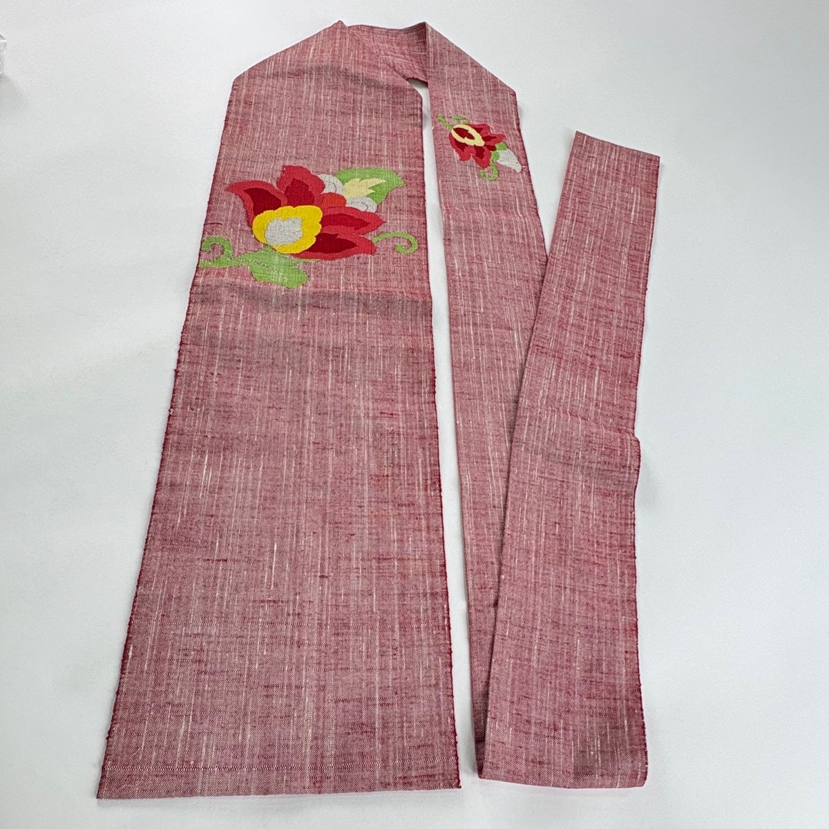美品】 名古屋帯 優品 紬地 八寸名古屋帯 草花 赤 正絹｜中古・古着