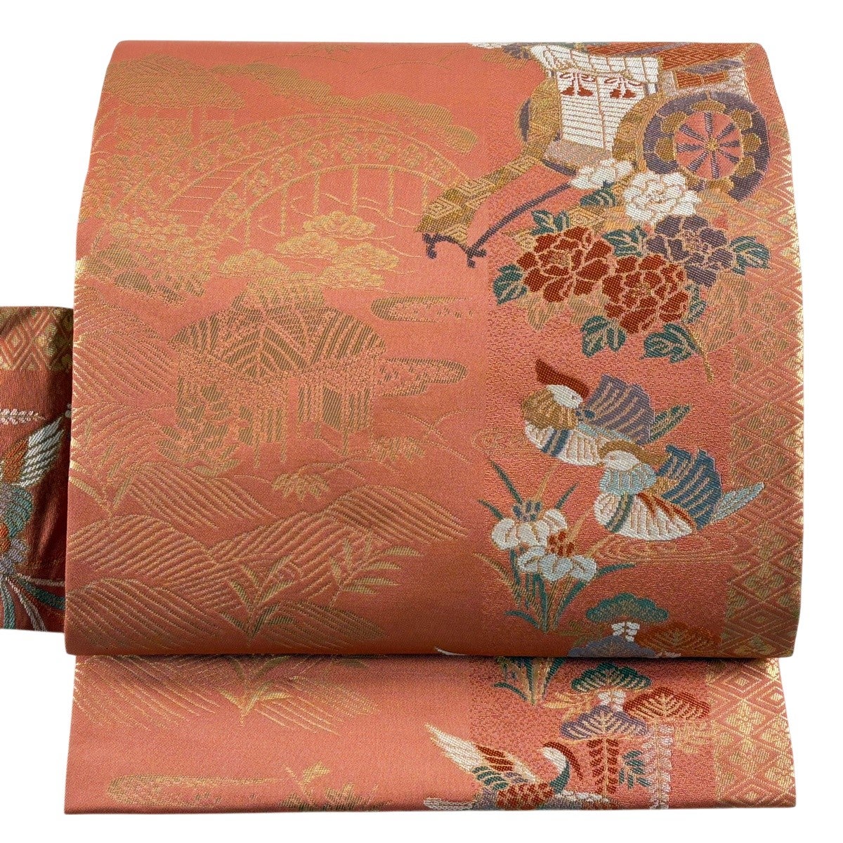 美品】 名古屋帯 優品 御所車 鴛鴦 金糸 箔 オレンジ 正絹｜中古・古着