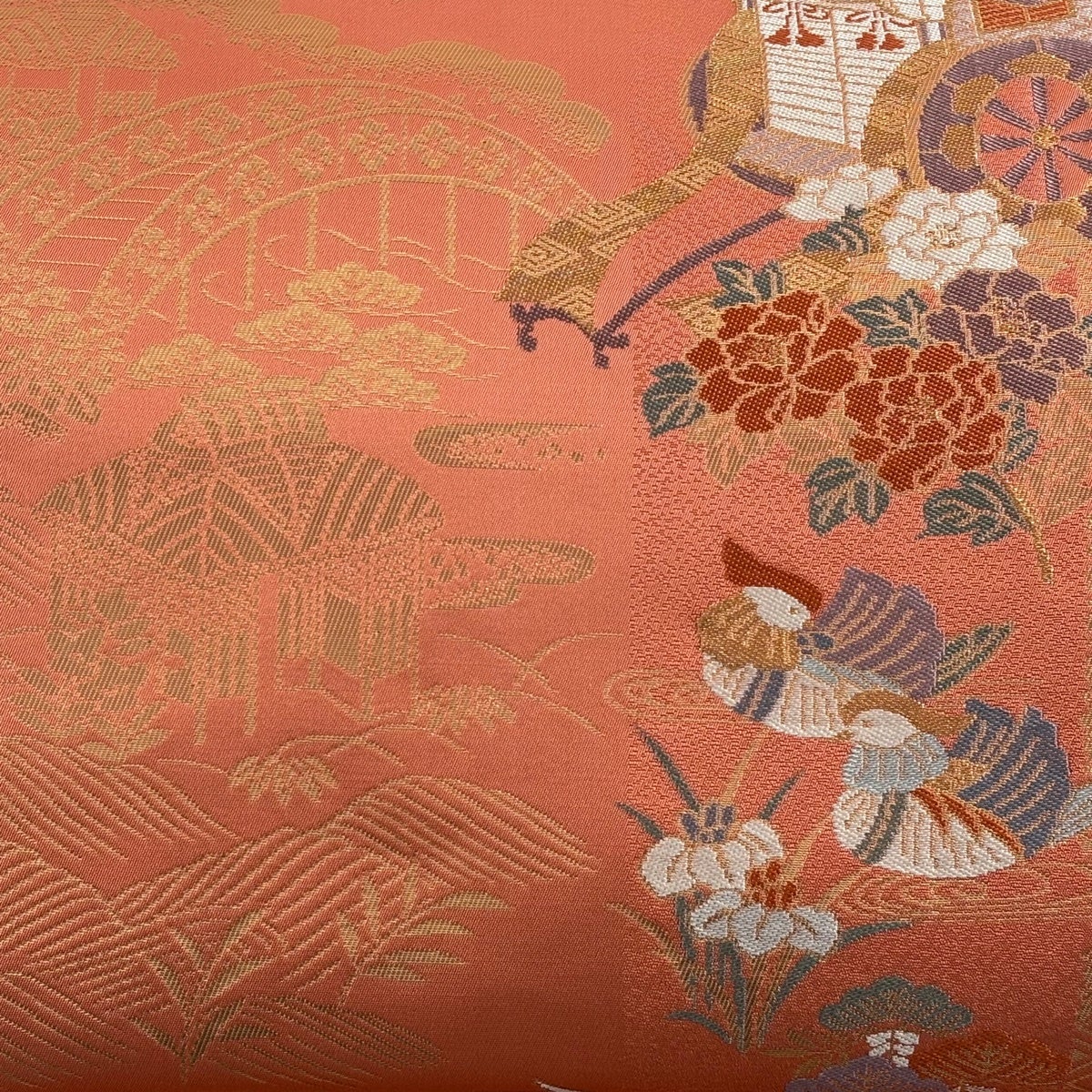 美品】 名古屋帯 優品 御所車 鴛鴦 金糸 箔 オレンジ 正絹｜中古・古着