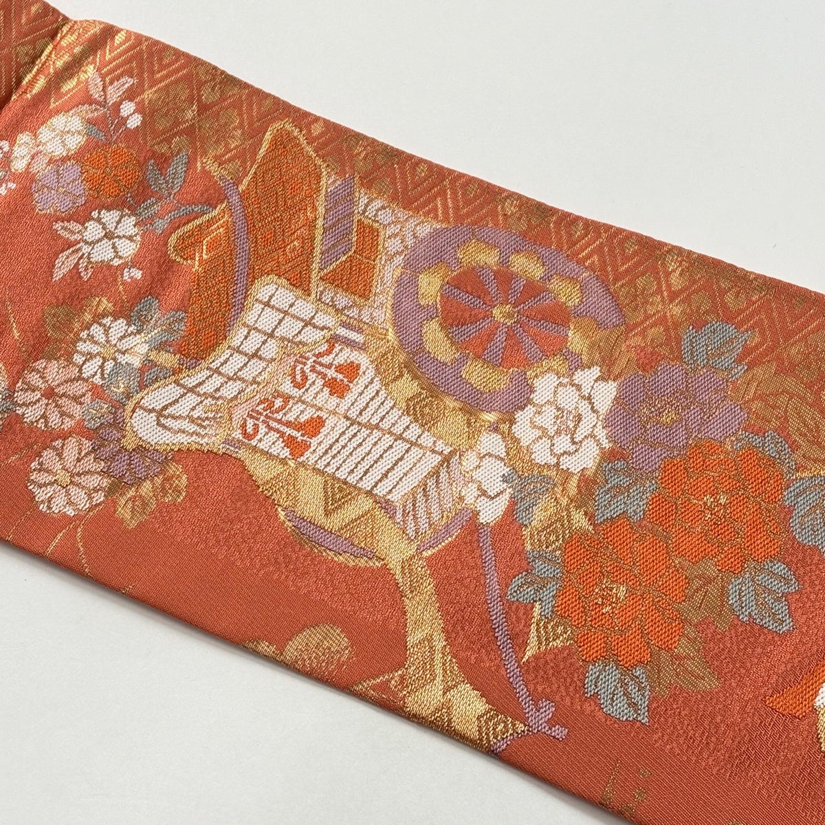 美品】 名古屋帯 優品 御所車 鴛鴦 金糸 箔 オレンジ 正絹｜中古・古着