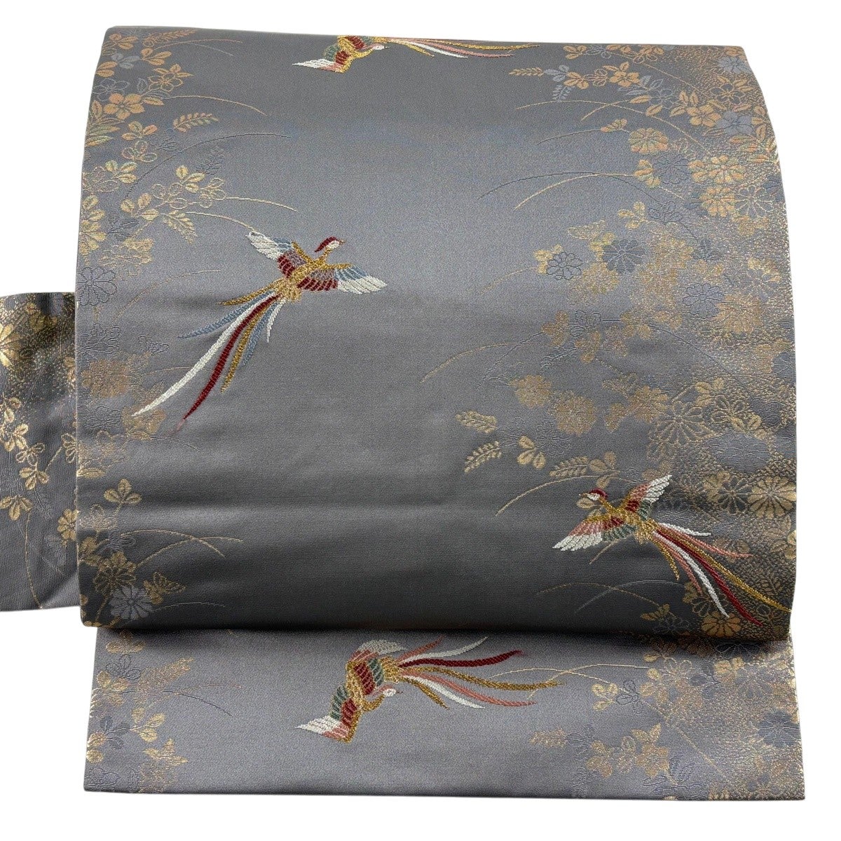 名古屋帯 優品 尾長鳥 菊 箔 灰色 正絹｜中古・古着・リサイクル着物