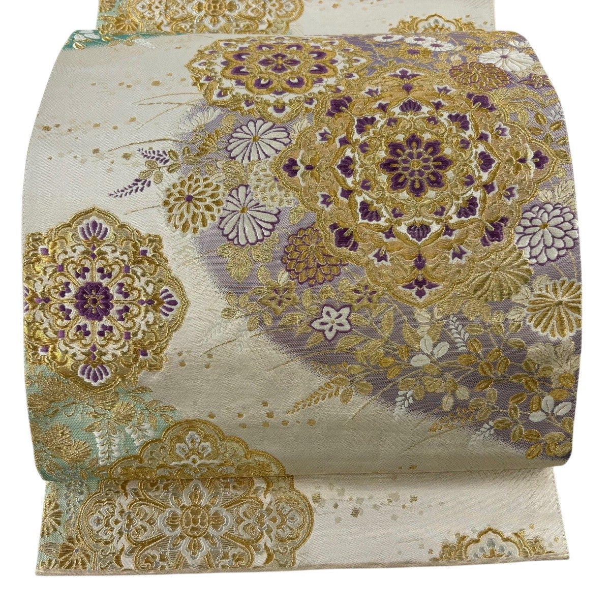袋帯 名品 夏帯 万寿菊 霞 金銀糸 灰紫 お太鼓柄 正絹｜中古・古着