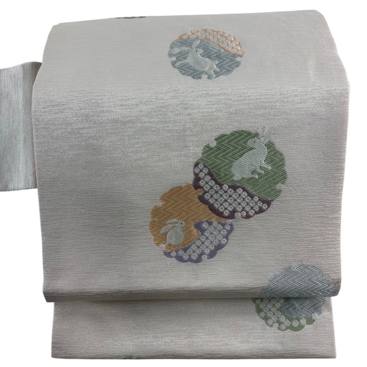 ★専用★未使用品 洒落袋帯 泥染め 雪輪 うさぎ 鈴 ブルーグレー 4m46cm 美品】 名古屋帯 逸品 雪輪 うさぎ 薄ピンク 正絹｜中古・古着