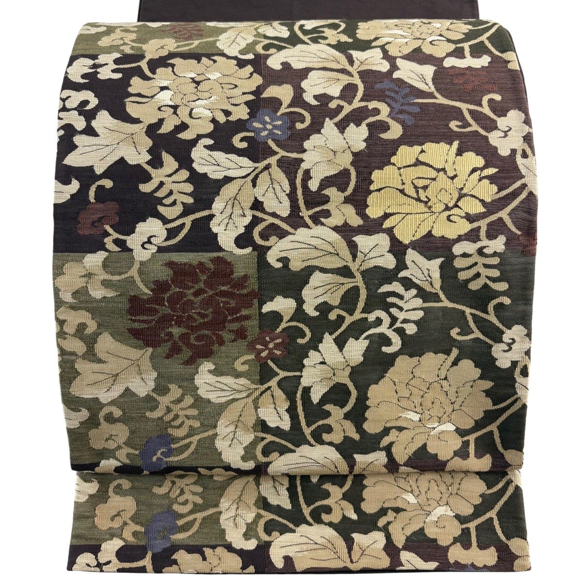 袋帯 逸品 綴れ 花唐草 茶紫 お太鼓柄 正絹｜中古・古着・リサイクル