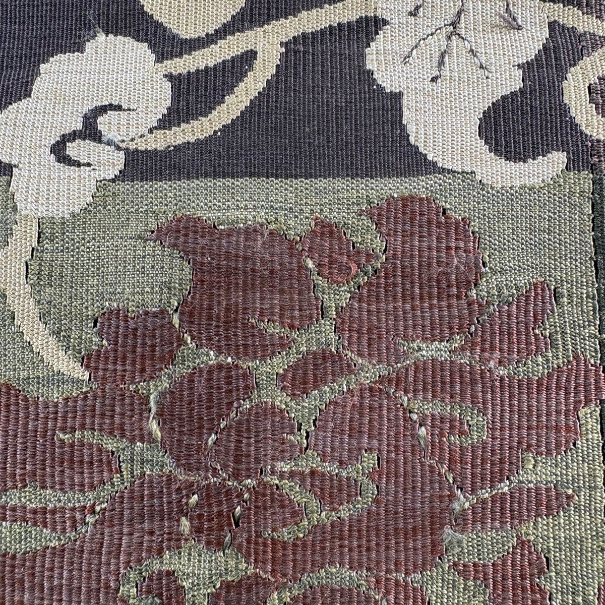 袋帯 逸品 綴れ 花唐草 茶紫 お太鼓柄 正絹｜中古・古着・リサイクル