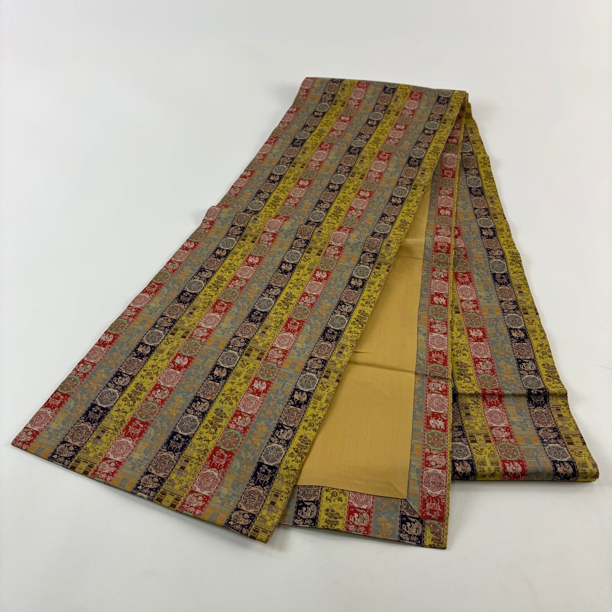 美品】 開き名古屋帯 逸品 龍村美術織物 比翼仕立て 華文 花鳥 金糸 青