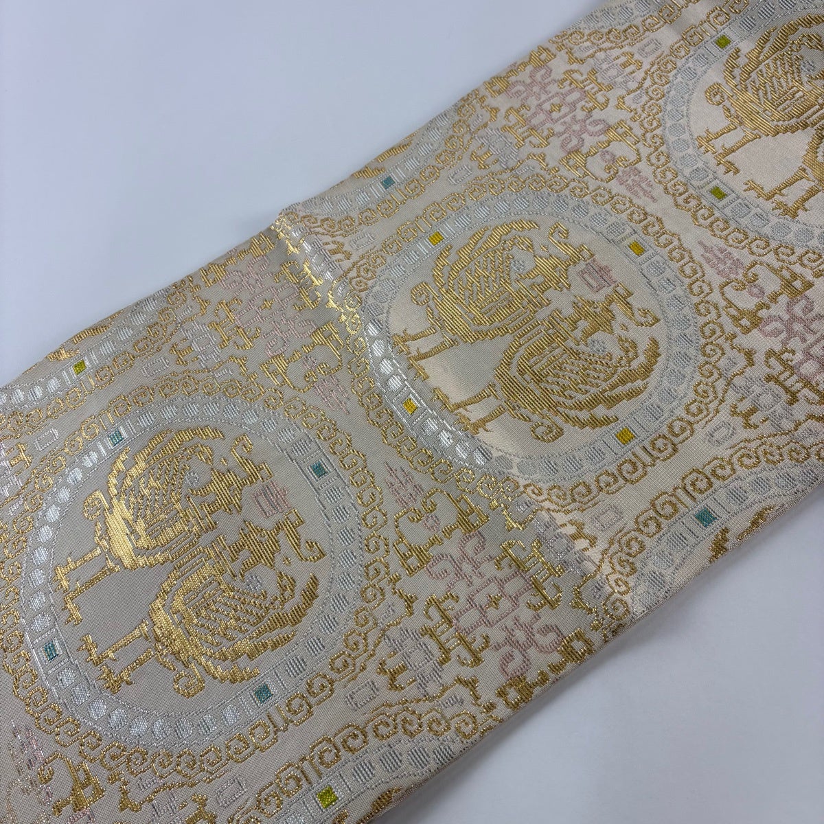 袋帯 逸品 龍村平蔵 落款あり 関西仕立て 正倉吉鳳文 金糸 箔 ベージュ
