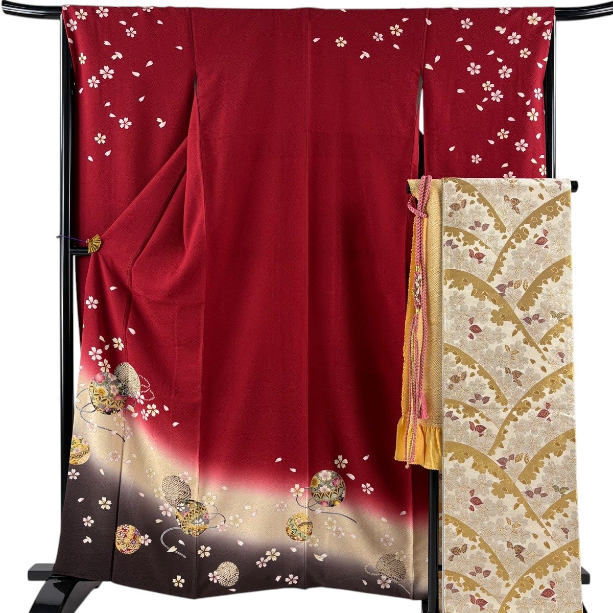 美品】 振袖 身丈162.5cm 裄丈65.5cm M 袷 袋帯フルセット 鞠 桜 金彩