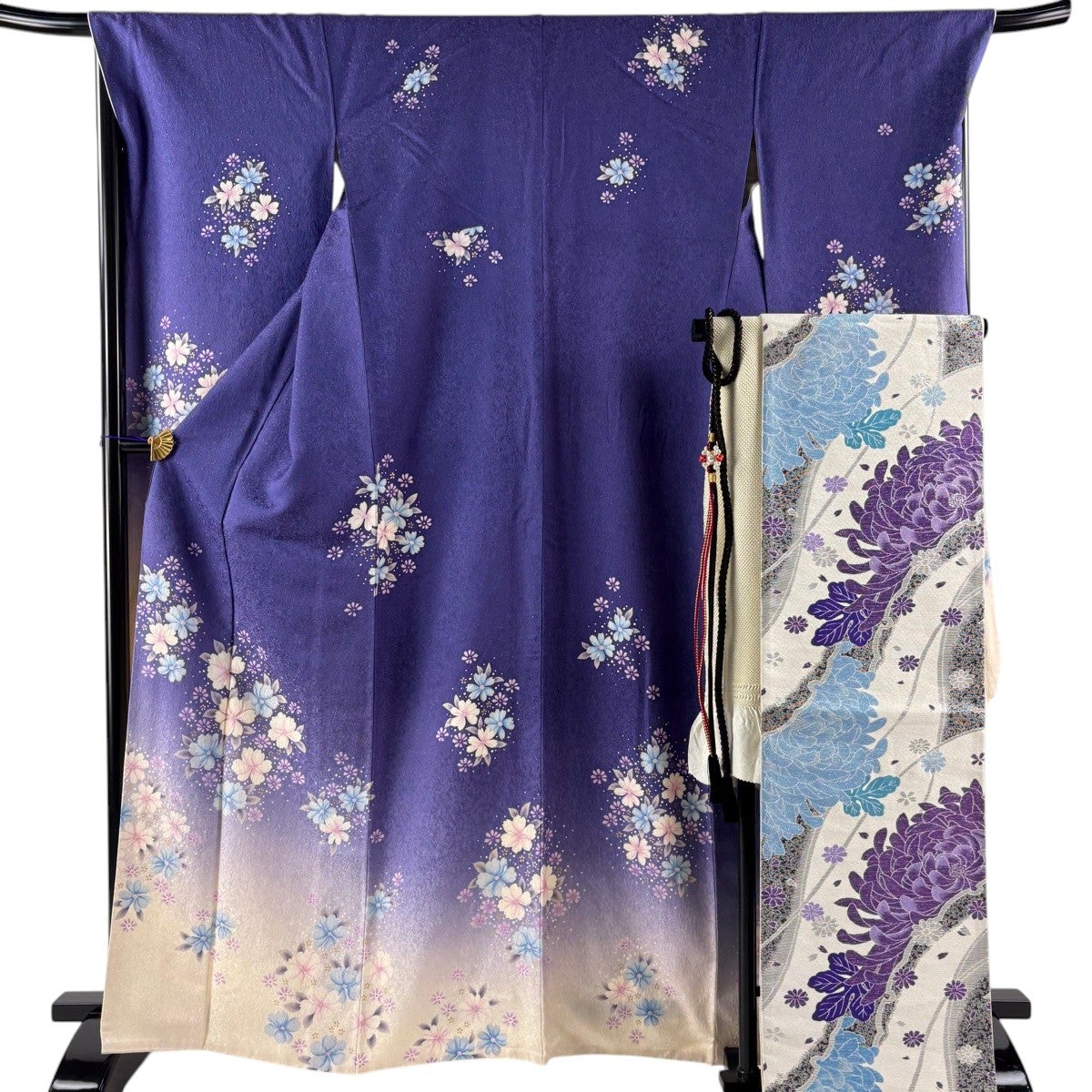 振袖 身丈165cm 裄丈68cm L 袷 袋帯フルセット 桜 銀通し 箔 青紫 正絹