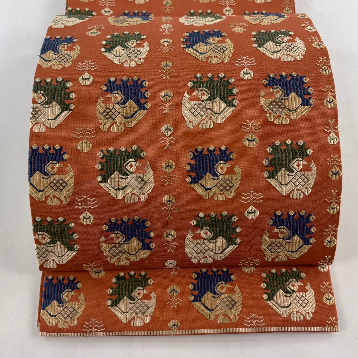 丸帯 逸品 落款あり 龍村平蔵模 共箱有 細川裂孔雀いちご 刺繍 茶色 全