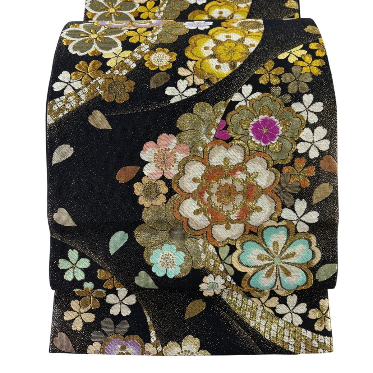 H-748 袋帯 正絹 六通 金糸 銀糸 流水 花菱 牡丹 菊 楓 扇 エ霞 中古）藤林徳扇 袋帯 灰茶 金 藤林徳扇 苑寿 セミフォーマル