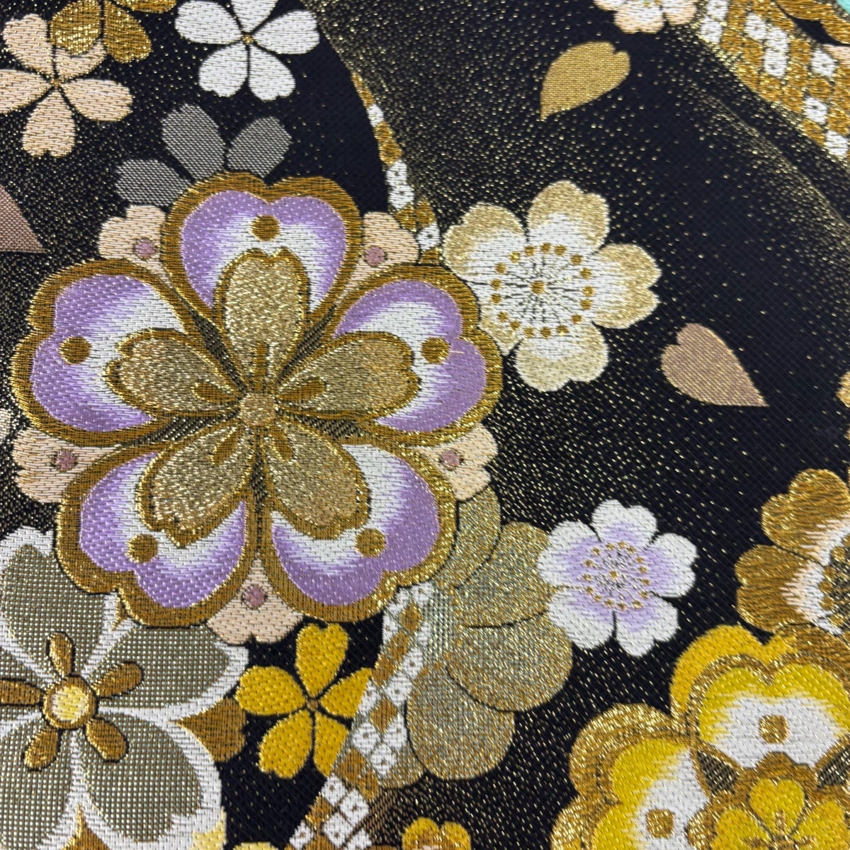 美品】 袋帯 秀品 桜 花弁 金糸 箔 黒 六通 正絹｜中古・古着