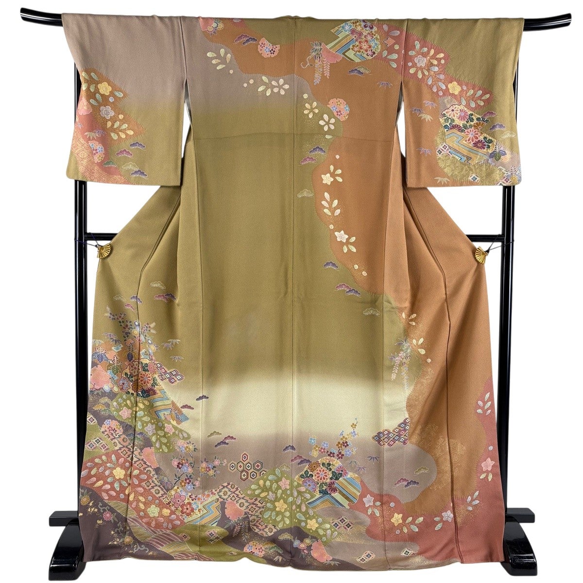 訪問着 身丈173cm 裄丈69.5cm L 袷 草花 有職文様 絞り 金彩 薄茶色