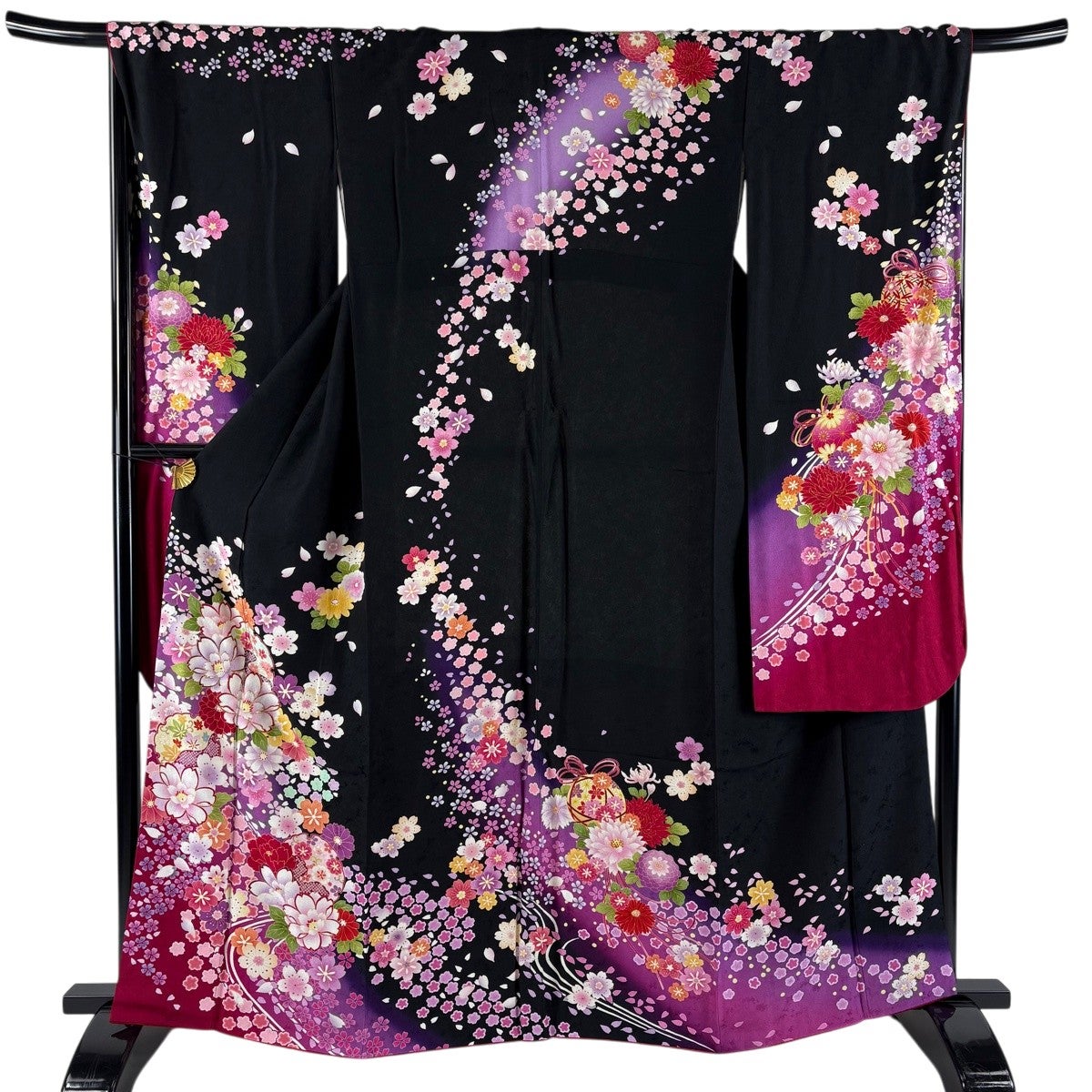 振袖 身丈167.5cm 裄丈68cm L 袷 草花 花唐草 銀通し 箔 赤 正絹 名品