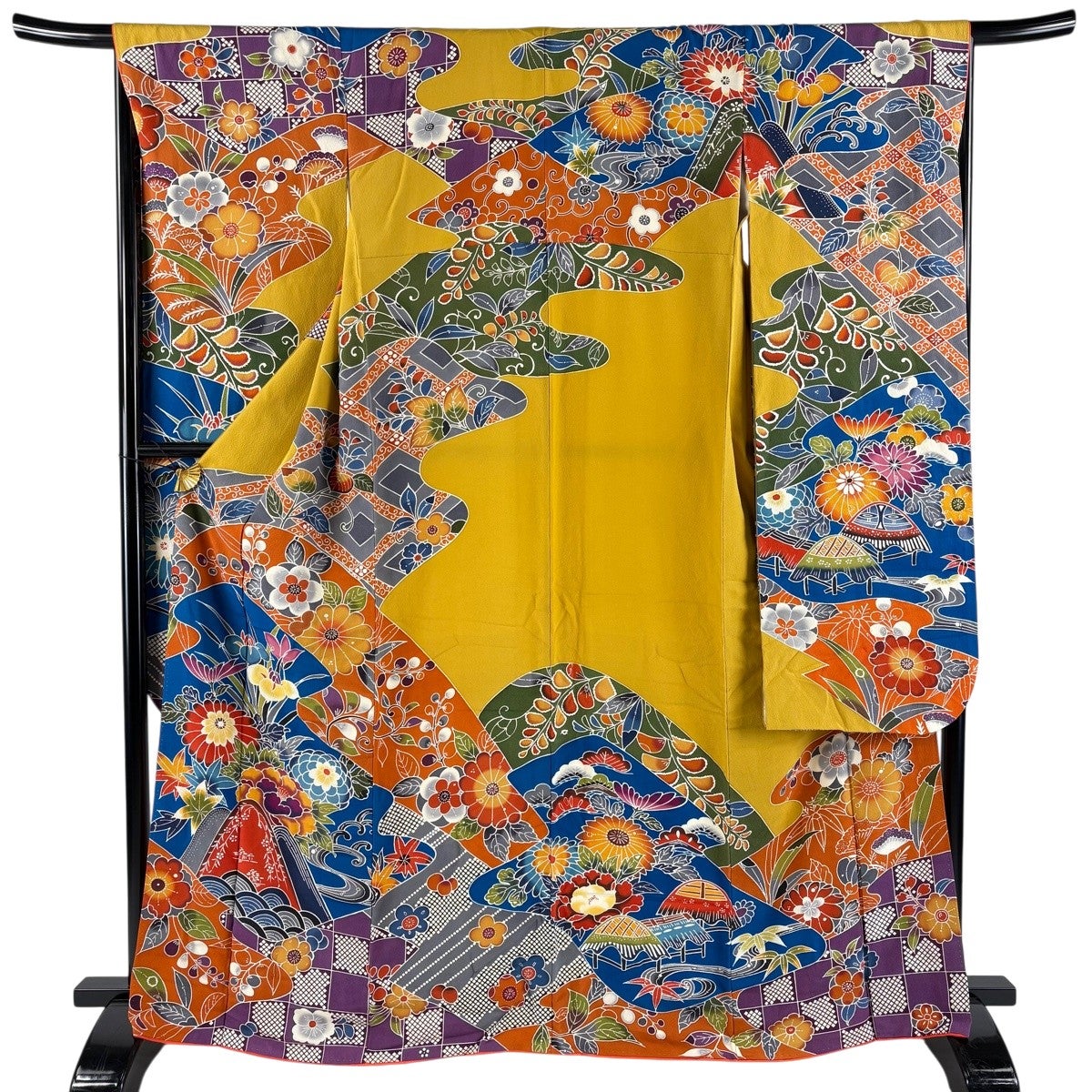 振袖 身丈166cm 裄丈67.5cm L 袷 草花 山 ぼかし 山吹色 正絹 名品