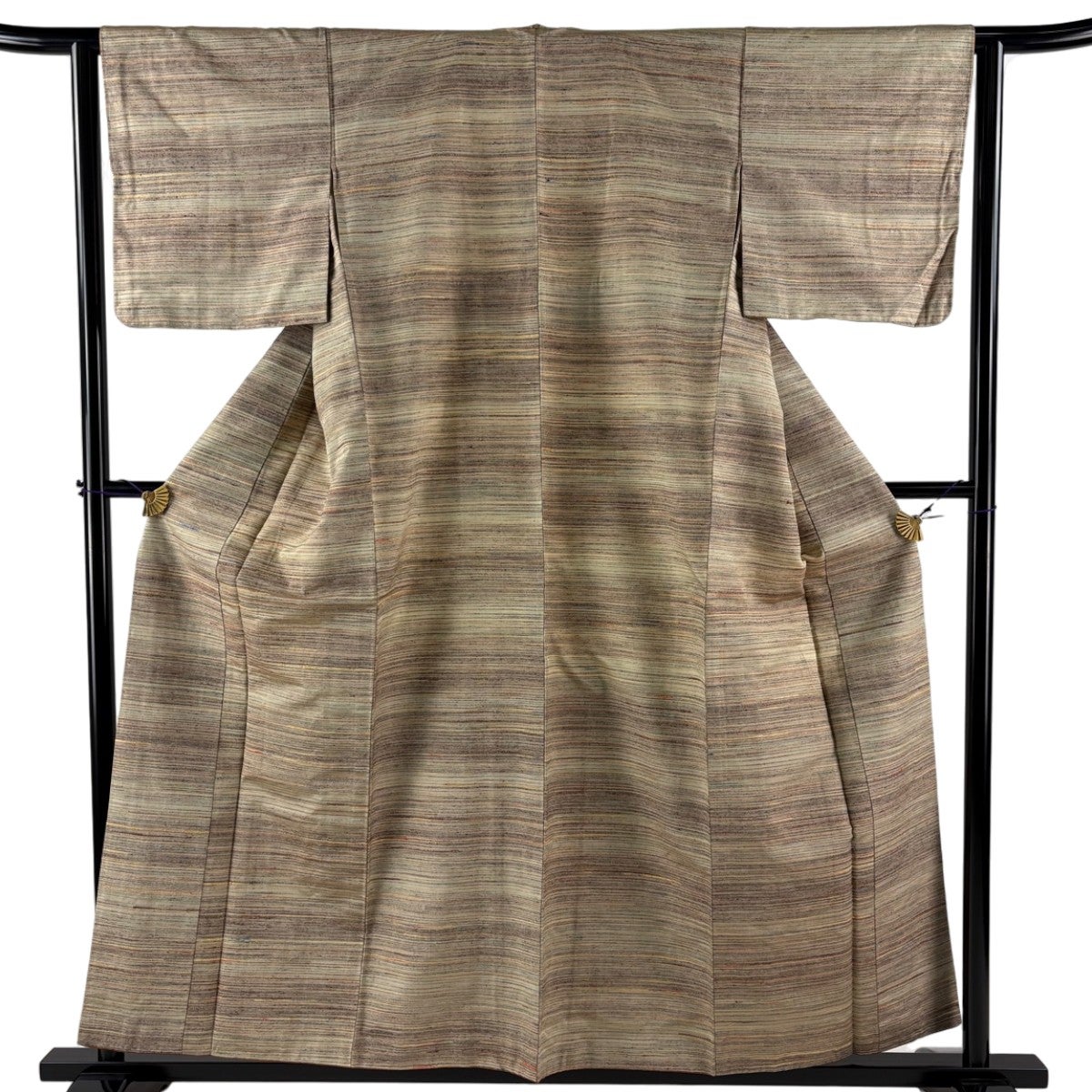 美品】 紬 身丈166cm 裄丈66cm M 単衣 縦縞模様 薄茶色 正絹 名品