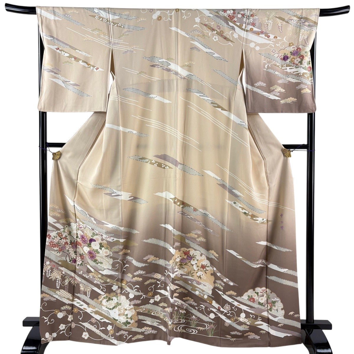 訪問着 身丈167cm 裄丈67.5cm L 袷 帝王紫 雪輪 菊 刺繍 金糸 ベージュ